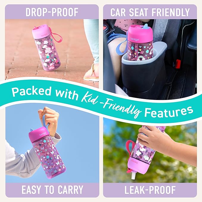Bentgo Kids Water Bottle 2-Pack - Leak-Proof, Durable Tritan, BPA-Free 15 oz Cup for Kids/Toddlers 3+; Flip-Up Straw; Dishwasher Safe for School/Sports/Daycare/Camp (Rainbows & Butterflies/Fairies)