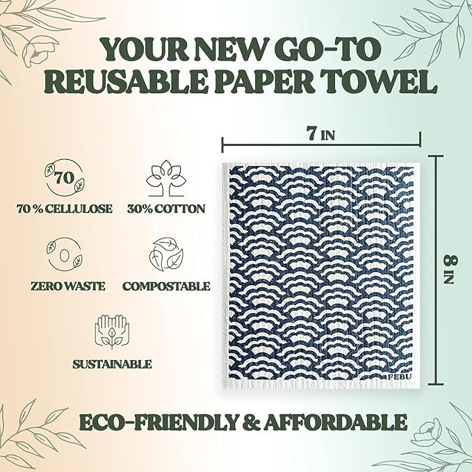 FEBU Swedish Dishcloths for Kitchen | 5 Pack Black Minimalist Reusable Paper Towels Washable | Swedish Dish Towels | Non-Scratch Cellulose Sponge Cloths | No Odor, Biodegradable Cleaning Cloths