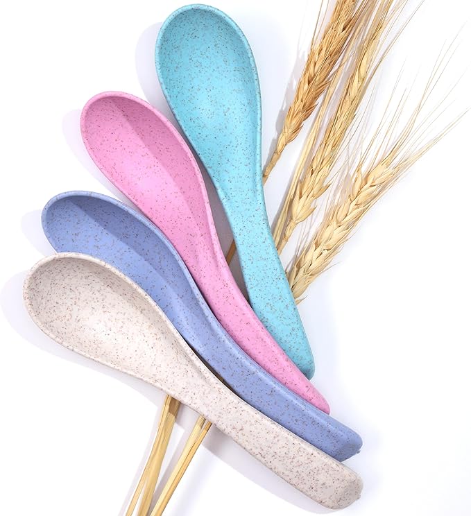 Wheat Straw Travel Spoon Set - 4 Spoons Camping Utensils - Portable Silverware for Lunch Box - Eco Friendly - Reusable Utensils