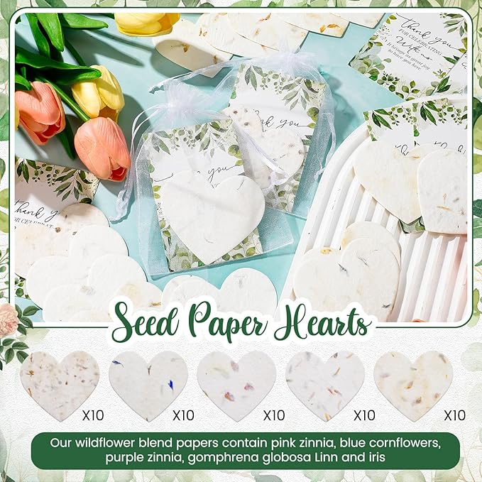 50 Sets Wedding Gifts for Guests Heart Shaped Seed Paper Baby Shower Seed Packet Party Favor Plantable Paper Thank You Cards and Organza Bags for Bridal Shower Party Favors(Leaves Style)