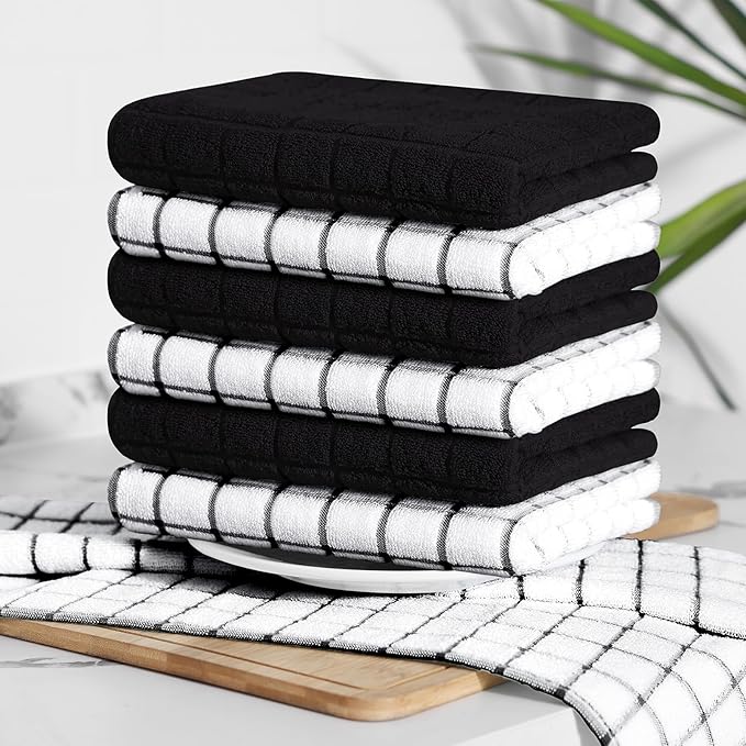 Homaxy Premium Cotton Kitchen Towels 16"x 28", Large Natural Ring Spun 390 GSM Dish Towels, Super Absorbent Terry Kitchen Hand Towels, Soft Tea Towel with Hanging Loop, Black Check Design, 6 Pack