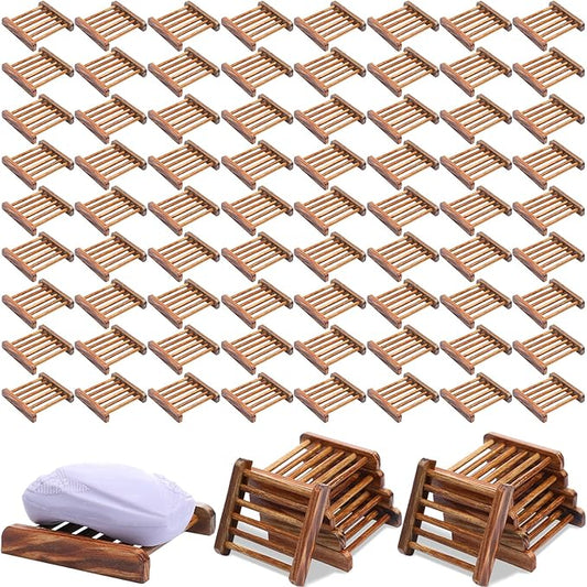 Amyhill 100 Pcs Bamboo Wood Soap Dish Bulk Bathroom Wooden Soap Holder Savers Self Draining Dishes Handcraft Tray, 3.3 x 3.3 x 0.67 Inch (Charcoal Color)