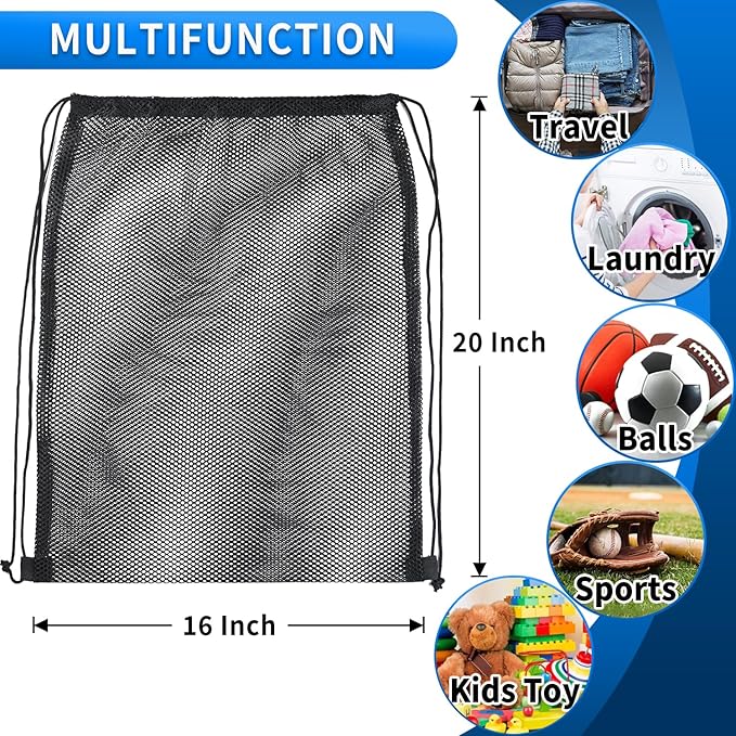 2 Pcs Mesh Drawstring Bag 16 x 20 Inch Heavy Duty Nylon Net Bags, Durable Mesh Backpack for Gym Hiking Swimming Soccer Ball Basketball Beach Toys Laundry Mushroom Foraging Etc (Black)