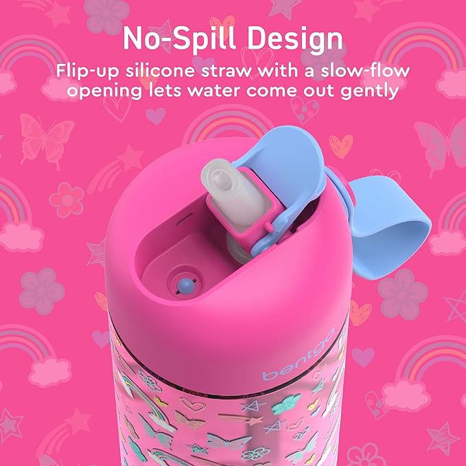 Bentgo Kids Water Bottle - Leak-Proof, Durable Tritan, BPA-Free 15 oz. Cup for Kids/Toddlers Ages 3+, Safe Sip Spout, Carrying Handle, & Dishwasher Safe for School & Sports (Rainbows & Butterflies)
