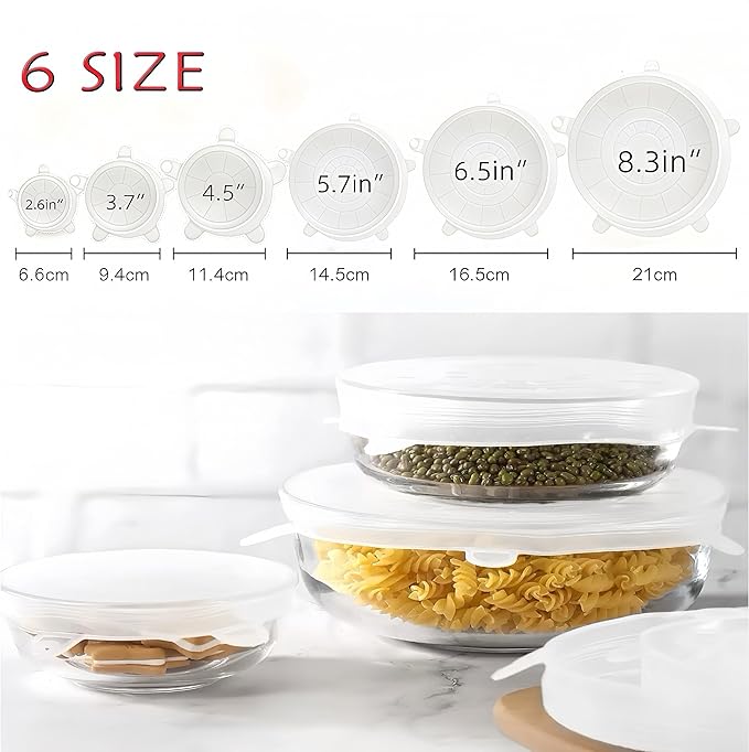 6 sizes Silicone Stretch Lids and Seal Lids,Reusable Elastic Heat-Resistant Bowl Covers,Used for food storage,for cups,bowls jars,for ound & Rectangle Container (6-Piece Set）