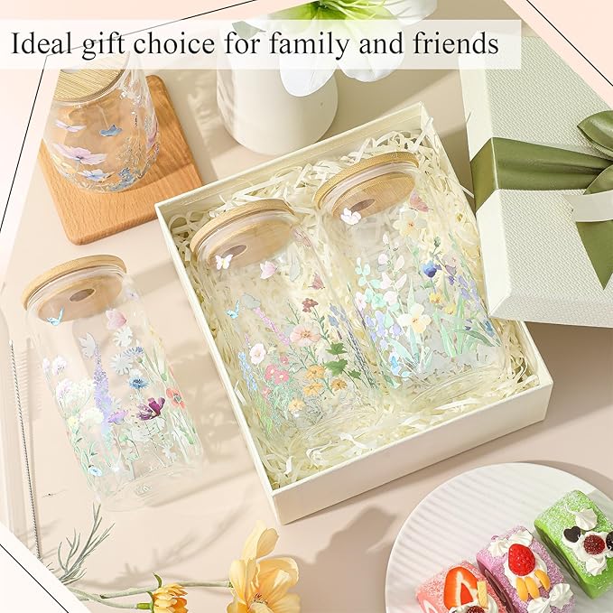 Mumufy 8 Pcs Gift for Women Wild Flower Glass Cup Tumbler Butterfly Iced Coffee Mugs 16 oz Glass with Bamboo Lid & Straw, Christmas Mothers Day Birthday Gift for Mom Sister Bridesmaid Baby Shower