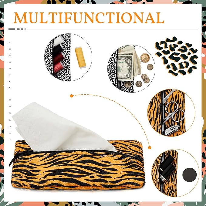 Kigeli 2 Pieces Purse Tissue Holder Travel Tissue Pouch for Purse Fabric Zipper Enclosed Pouches Reusable Flower Pattern Paper Holder for Coins, 5.25 x 3 Inches(Leopard Print, Gold Zebra)