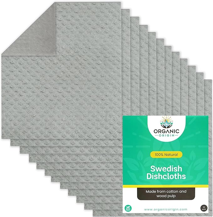 Organic Origin Swedish Dishcloths 12 Pack - Reusable Paper Towel Replacement Kitchen Towels - Machine Washable Cellulose Sponge Cloths - Biodegradable Dish Rags Ultra Absorbent Natural