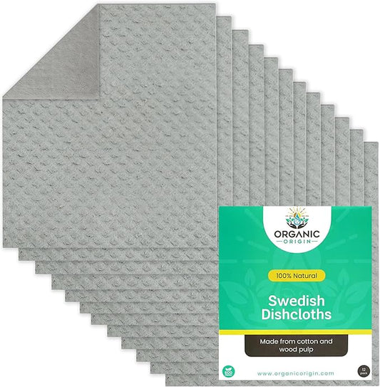 Organic Origin Swedish Dishcloths 12 Pack - Reusable Paper Towel Replacement Kitchen Towels - Machine Washable Cellulose Sponge Cloths - Biodegradable Dish Rags Ultra Absorbent Natural