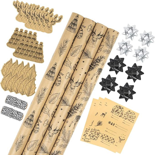 RUSPEPA Christmas Wrapping Paper Set - 4 Rolls of Kraft Wrapping Paper (30 Inches x 10 Feet Per Roll) with 8 Gift Bows, 1 Spools of Bakers Twine, Jute String, 30 Stickers and 30 Gift Tags - Black