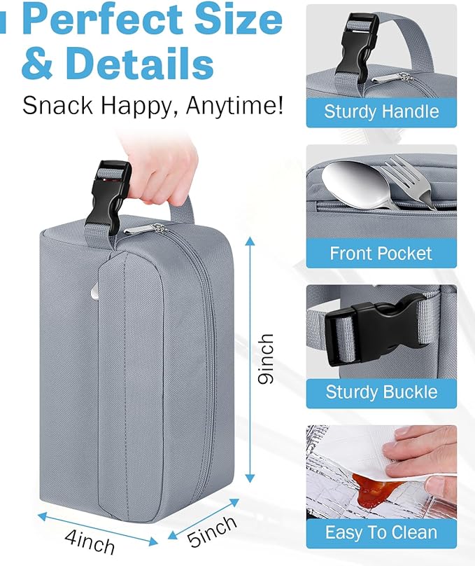 Small Insulated Snack Bag Lunch Box,Collapsible Reusable Small Lunch Bag with Snap Buckle Handle for Beach Travel Picnic,Grey 5-Can(3L)