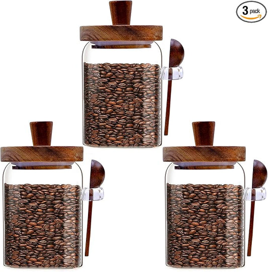 3PCS Spice Jars Overnight Oats Containers with Airtight Lid and Wooden Spoon,17 OZ Glass Food Storage Canisters, Glass Jars for Coffee Bean, Sugar, Dry Goods,Cookie,Candy,Cereal,Tea,Salt