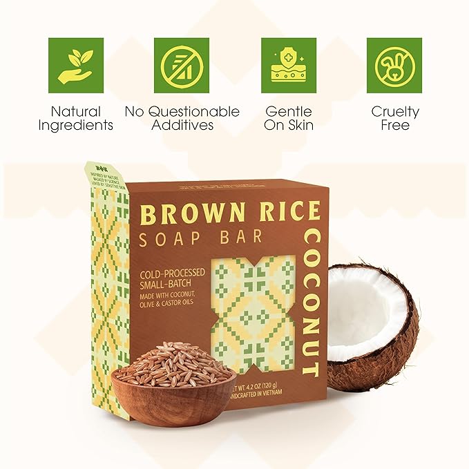 Brown Rice & Coconut Soap Bar (Pack of 3) – 2-in-1 Exfoliating & Nourishing, Cold Process Handmade Soap with Rice Bran & Coconut Milk, Gentle Daily Body Bar