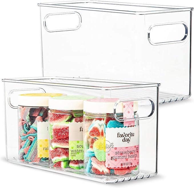 primebox 2 pack Clear Plastic Storage Container Bin with Integrated Easy Grip Handles. For Kitchen, Fridge, Freezer, Cabinet, Pantry, Bathroom Organization. 10"x4"x5"