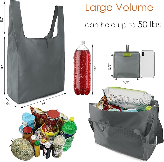 BeeGreen Grey Reusable Shopping Bags Wholesale Reusable Grocery Bags Bulk with Elastic Band Foldable-Machine Washable with Zipper Storage Pouch 20 Pieces
