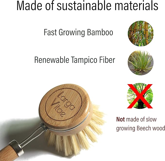 6 pcs Wooden Dish Brush Replacement Heads Made of Renewable Bamboo Wood and Natural Bristle Fiber, Durable, Long Lasting (Tampico Fiber)
