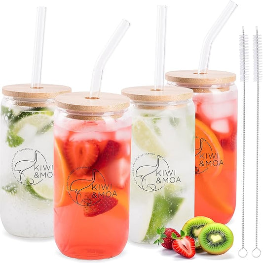 KIWI & MOA Drinking Glasses 18oz Capacity, with Bamboo Lids and Glass Straws, Set of 4, for Mixed Drinks, Cocktails, Beer, Iced Coffee/Tea, Fresh Juice, Smoothies, Parties/Gifts (Branded)