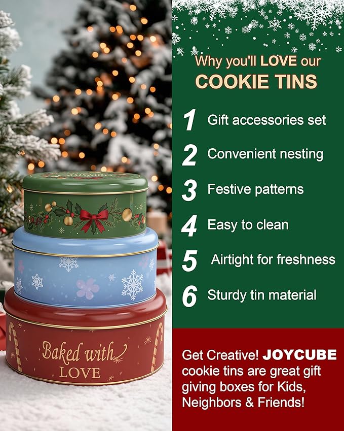 Christmas Cookie Tins with Lids, Set of 3 Larger Holiday Containers for Homemade Cookies, Gifts, Treats, Reusable Round Metal Storage Boxes with 3 Premium Greeting Cards & 16.5ft Ribbon