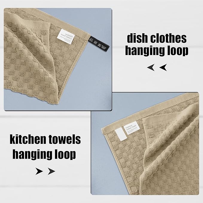 Fintale 100% Cotton Kitchen Towels and Dishcloths Set, 12 x 12 & 15 x 25 Inches, Set of 8 Bulk Super Soft and Absorbent Terry Cloth Dish Towels, Quick Drying Hand Towels with Hanging Loop, Tan