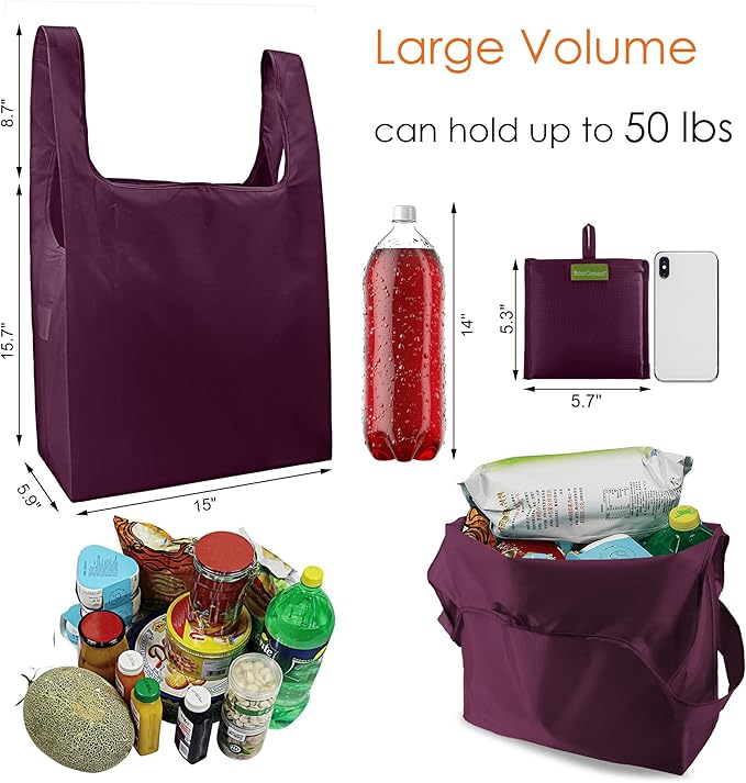 BeeGreen Burgundy Reusable Grocery Bags with Zipper Storage Pouch 10 Packs Wine Red Reusable Shopping Bags Bulk with Elastic Band Foldable-Machine Washable