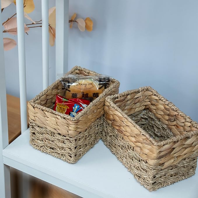 Handmade Water Hyacinth Storage Basket, Woven Basket Organizer with Inner Handles for Home & Office Decor (Small-2PCS)