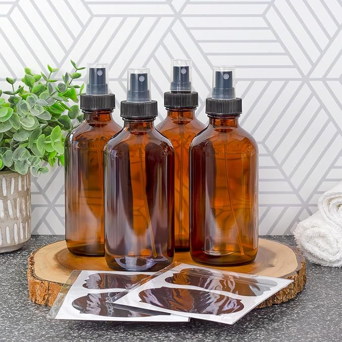 Cornucopia Brands 8-Ounce Amber Glass Fine Mist Spray Bottles (Pack of 4) Boston Round w/Atomizer Spritzers for Aromatherapy Perfume, Cologne, DIY & More