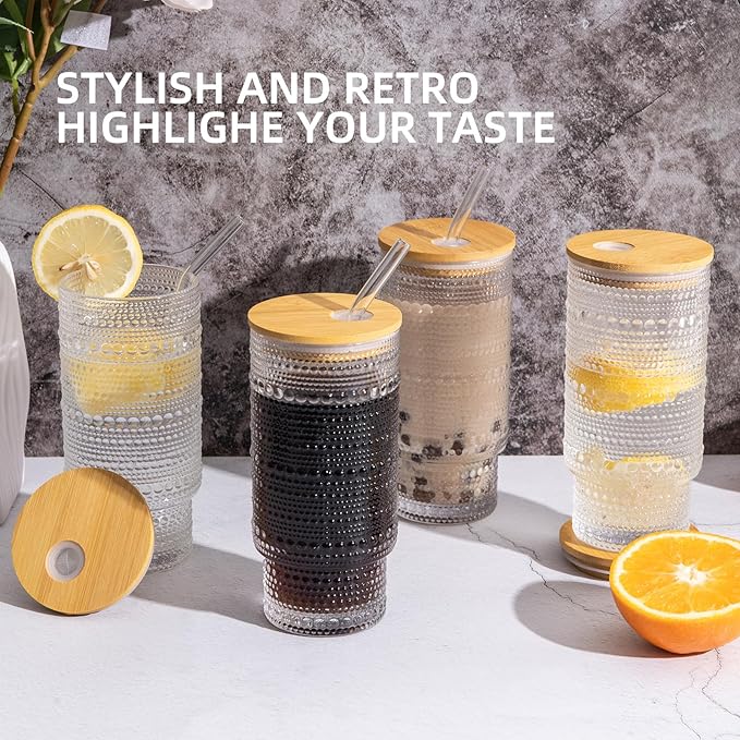 Drinking Glasses with Bamboo Lids and Glass Straw 2pcs Set,16oz Glass Tumbler Cups,Water Glasses,Iced Coffee Glasses,iced Tea Glasses,Beer Glasses,Ideal for Whiskey,1 Brushes
