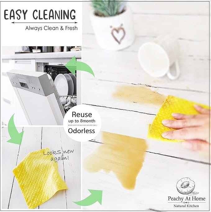 [12Pack+1Loofah Dish Sponge] 100% Natural Biodegradable Swedish Dishcloths for Kitchen | No-Discoloration, No-Odor, Super Absorbent Dish Sponge | Paper Towel Replacement.