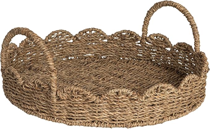 Household Essentials Round Handwoven Seagrass Tray with Scalloped Edge and Handles, Natural