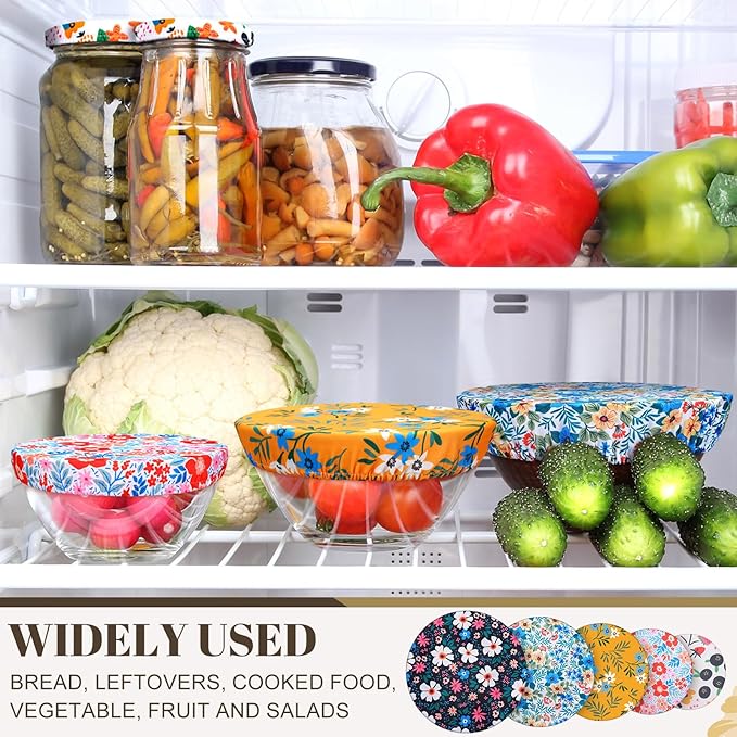 10 Pack Cloth Bowl Covers for Bread Rising - 5 Size Stretch Elastic Food Storage Container Lids - Reusable Cotton Fabric Covers for Food, Fruits, Leftovers (Flower)
