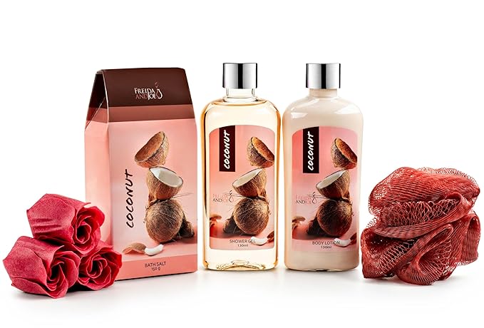 Coconut Spa Gift Basket, 6-Piece Bath & Body Set with Shower Gel, Body Lotion, Bath Salts, Soap Flowers, Bath Sponge in a Wicker Basket (Pink & Brown Set)