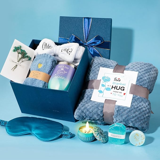 Gifts Basket for Women,Birthday Gifts for Women Birthday Presents Friendship Gifts Get Well Soon Gifts Self Care Package Gifts Blue Gift Box Relaxing Set Unique Gifts with Blanket for Mom,Wife,Sister