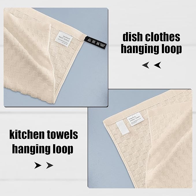 Fintale 100% Cotton Kitchen Towels and Dishcloths Set, 12 x 12 & 15 x 25 Inches, Set of 12 Bulk Super Soft and Absorbent Terry Cloth Dish Towels, Quick Drying Hand Towels with Hanging Loop, Beige