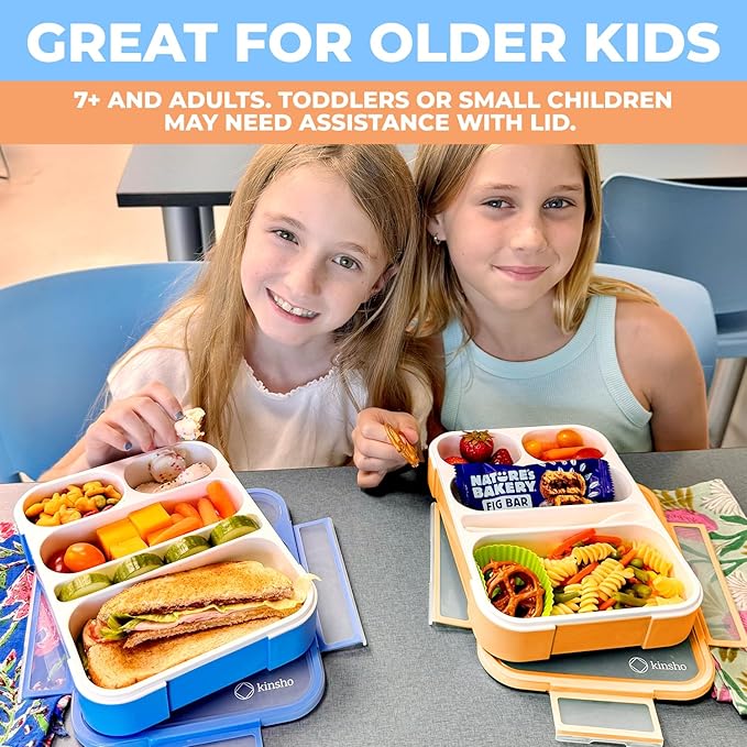 kinsho Bento-Box for Adults or Kids, Lunch-Boxes Portion Control Container for Women Men Girls Boys | Leakproof Snack Containers for School BPA Free Utensils 5 Compartments | Blue, Orange