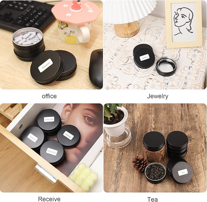 48 Pcs Aluminum Round Cans with Lid, 2 Oz Metal Tins Food Candle Containers with Screw Tops for Crafts, Food Storage, DIY (black)