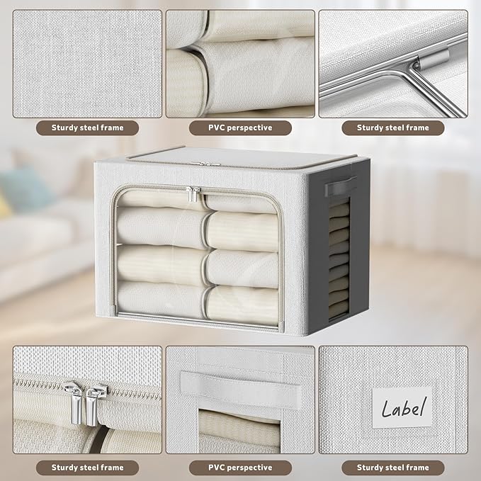 FHSQX 6 Pack Clothes Storage Bins with Metal Frame Foldable Storage Bins for Clothes Linen Fabric Storage Box with Clear Window (Lvory White, 15.7x11.8x7.8inch(22L))