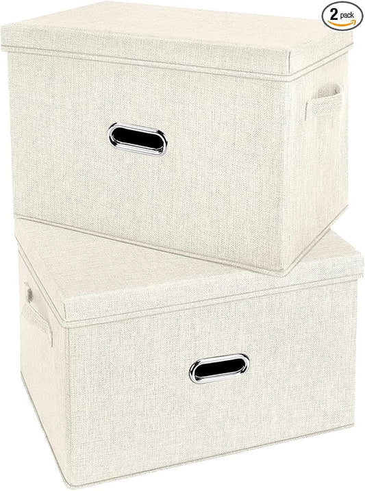 Large Linen Fabric Foldable Storage Bins with Removable Lid and Handles, Washable Storage Box Organizer Containers Baskets Cube with Cover for Bedroom,Office(Cream, Large(2-Pack))