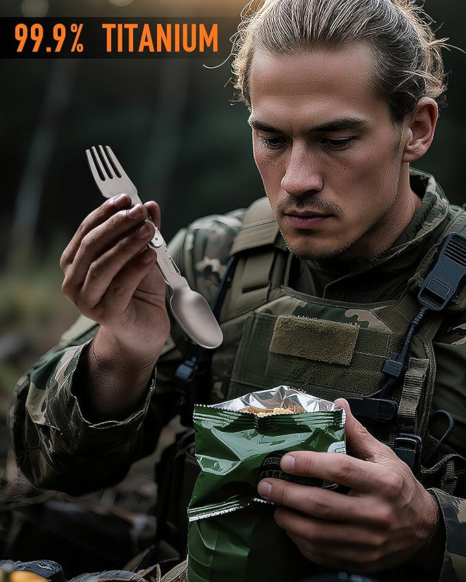 Titanium Spork 3 in 1 Folding Camping Fork and Spoon, Ultra Lightweight Camping Utensil with Locking Function, Travel Fork Spoon Combo Eco-Friendly for Outdoor/Backpacking