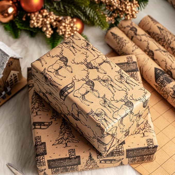 RUSPEPA Christmas Wrapping Paper - Black Sketch Design - 4 Rolls - 30 Inches x 10 Feet Per Roll