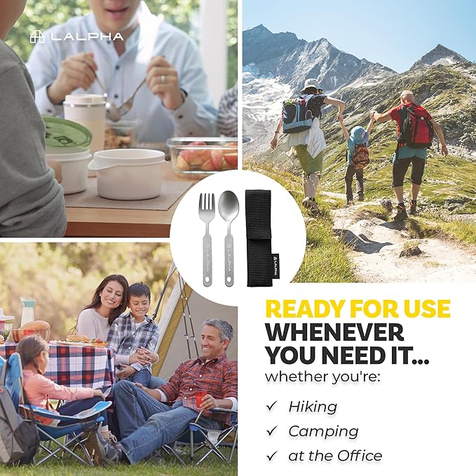 LALPHA Ultra-Lightweight Titanium Cutlery Set - Made in Tsubame-Sanjo, Includes Spoon and Fork with Storage Case for Backpacking