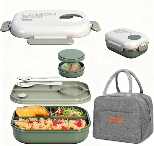 Lunch Box for Women & Adults - Kid-Friendly 37.2oz 3-Compartment Bento Box with Thick Insulated Lunch Bag, Leak-Proof with Sauce Container, Built-in Utensil Set, Dishwasher Safe (Green)