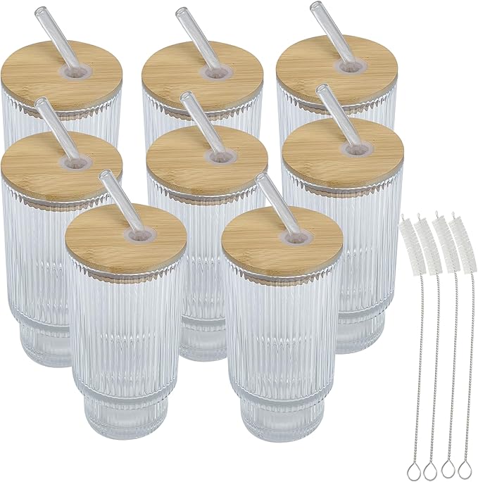 8-Pack Ribbed Glass Tumblers with Lids and Straws - 16oz Iced Coffee Cups, Reusable Glass Cups with Bamboo Lids Set for Tea, Matcha, Cocktails & Sparkling Water - Gift for Christmas, Birthdays