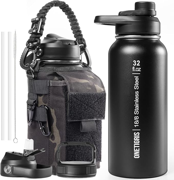 ONETIGRIS 32 oz Insulated Water Bottle with Straw - Tactical Stainless Steel Water Jug, Leakproof Thermos Wide Mouth Sport bottle with 3 Lids and Sleeve for Travel, Gym, Camping, Hiking
