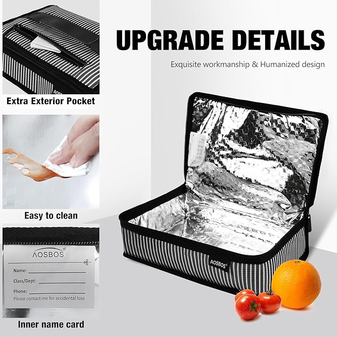 Aosbos Small Insulated Lunch Bag - Compact Lunch Box for Portion Control, Work & Office, Railroad Stripe