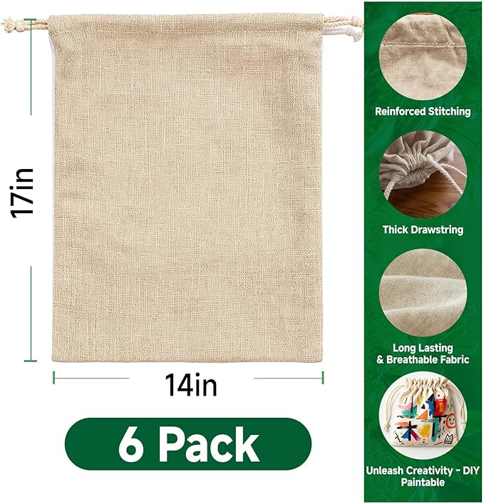 Simple&Opulence 6-Pack 14” x 17” Linen Cotton Drawstring Bags Reusable Grocery Sacks, DIY Craft Sachet Sacks Storage Cloth Bags for Party Wedding Home Bulk Produce Bags, Washable, Natual Linen