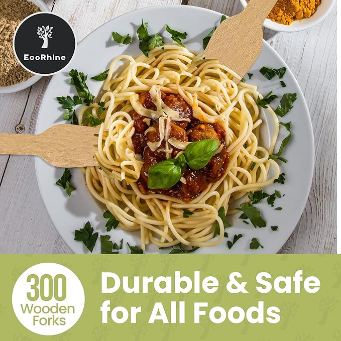 Disposable Wooden Cutlery Set - 300 PCS Wooden Compostable Forks Utensil Set - Disposable Cutlery Set for Outdoor, Party, Camping & More