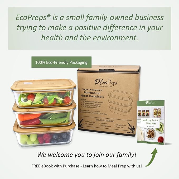 Glass Meal Prep Containers with Bamboo Lids (3 Pack) - 100% Plastic Free, Eco-Friendly Lunch Containers, Bamboo Lid Storage Container Set - Microwave Safe Glass Food Storage Container Set