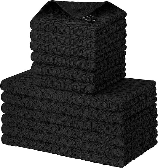 Fintale 100% Cotton Kitchen Towels and Dishcloths Set, 12 x 12 & 15 x 25 Inches, Set of 12 Bulk Super Soft and Absorbent Terry Cloth Dish Towels, Quick Drying Hand Towels with Hanging Loop, Black