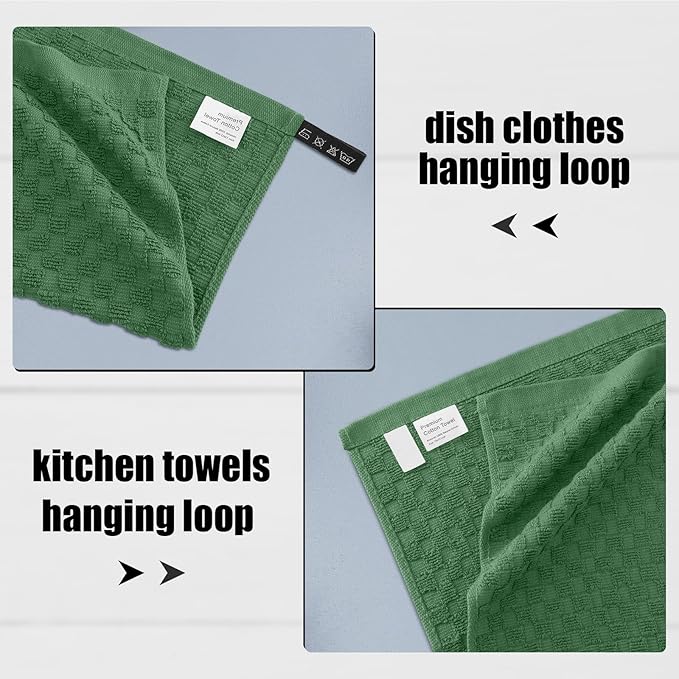 Fintale 100% Cotton Kitchen Towels and Dishcloths Set, 12 x 12 & 15 x 25 Inches, Set of 8 Bulk Super Soft and Absorbent Terry Cloth Dish Towels, Quick Drying Hand Towels with Hanging Loop, Grass Green