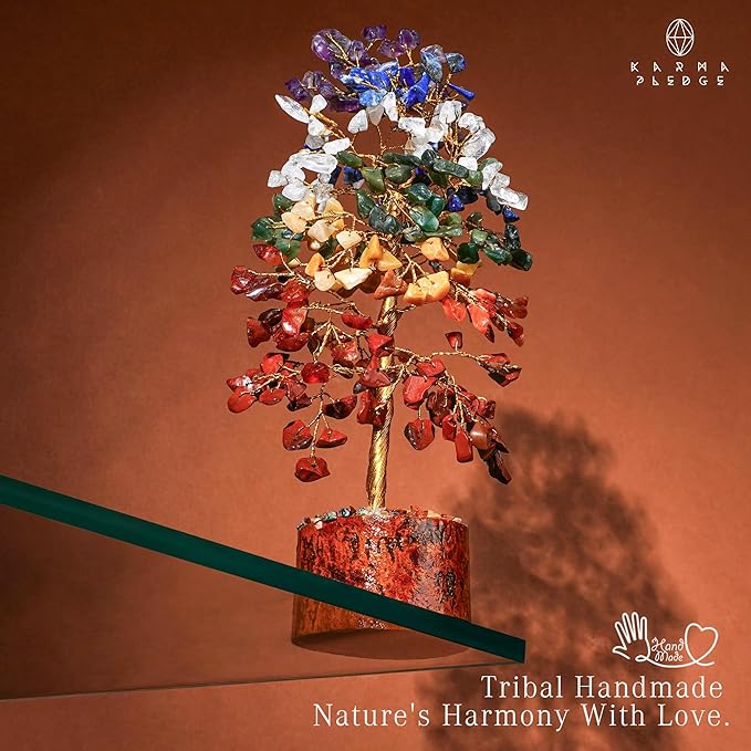 KARMAPLEDGE 7 Chakra Healing Crystal Tree of Life with Manifestation Card, Handmade Golden Wire Crystal Tree for Good Luck, Positive Energy, Wealth, Reiki Healing, and Decor, Gift for Women and Mom